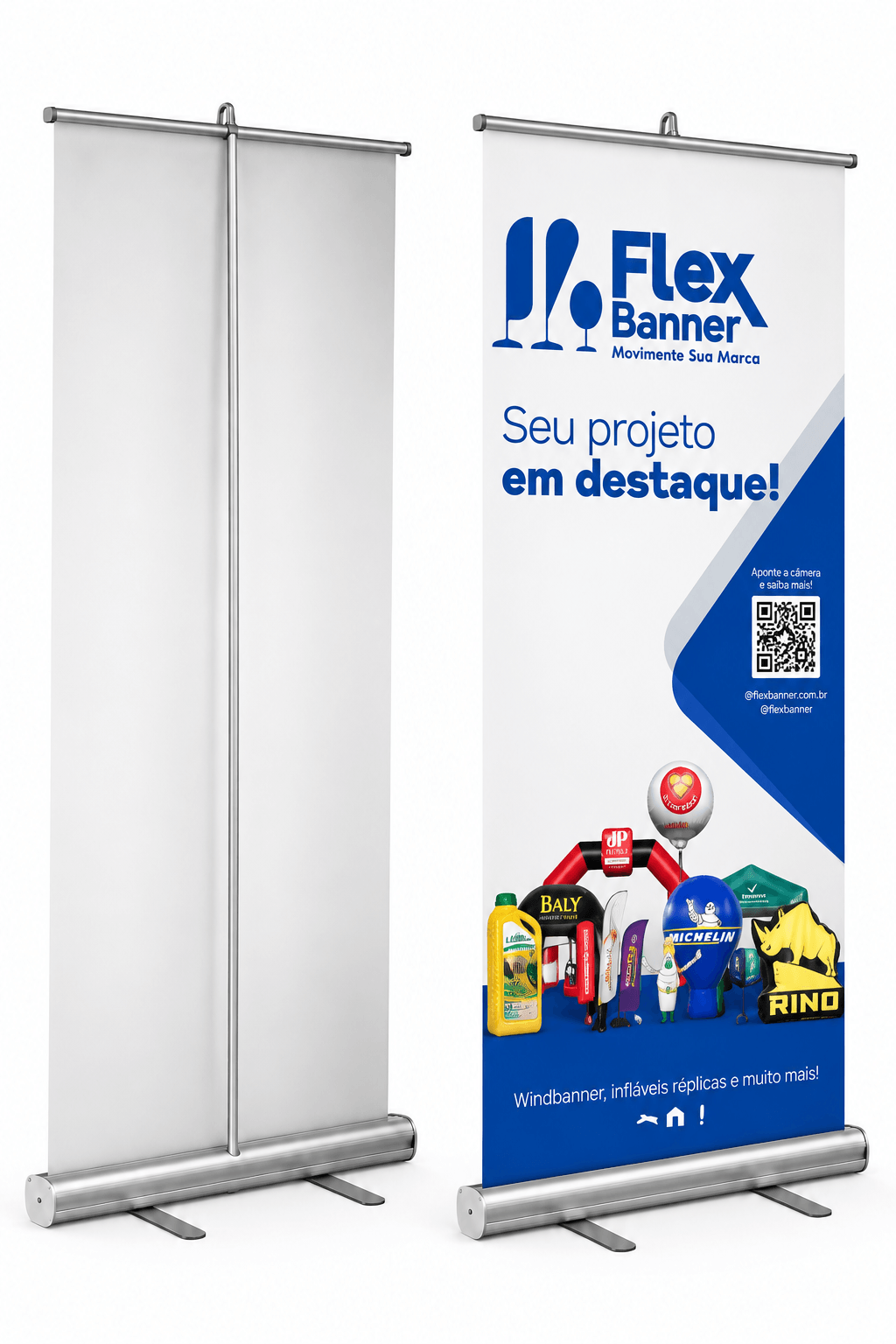 Estrutura de Banner Roll-Up FlexBanner com base retrátil e haste de sustentação